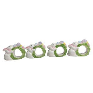 Vintage Spring Bunnies Easter Hand Painted Ceramic Napkin Rings-Set of 4 Taiwan